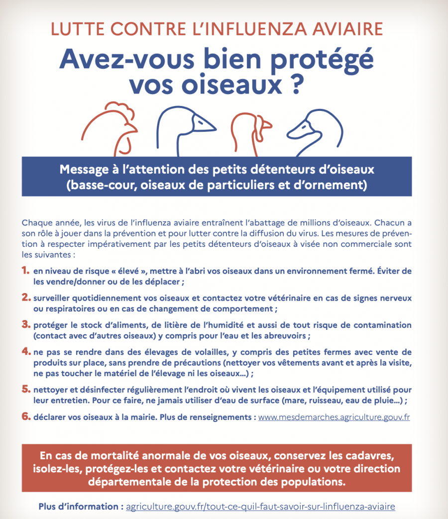  Influenza aviaire hautement pathogène (IAHP) - passage au risque élevé