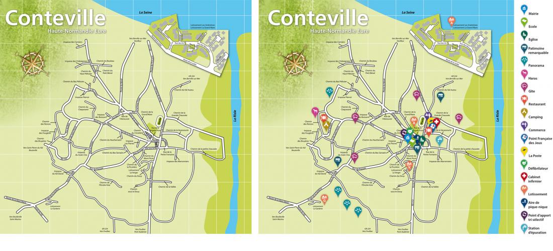 Plan de Conteville (Eure) et centres d'intérêt du village