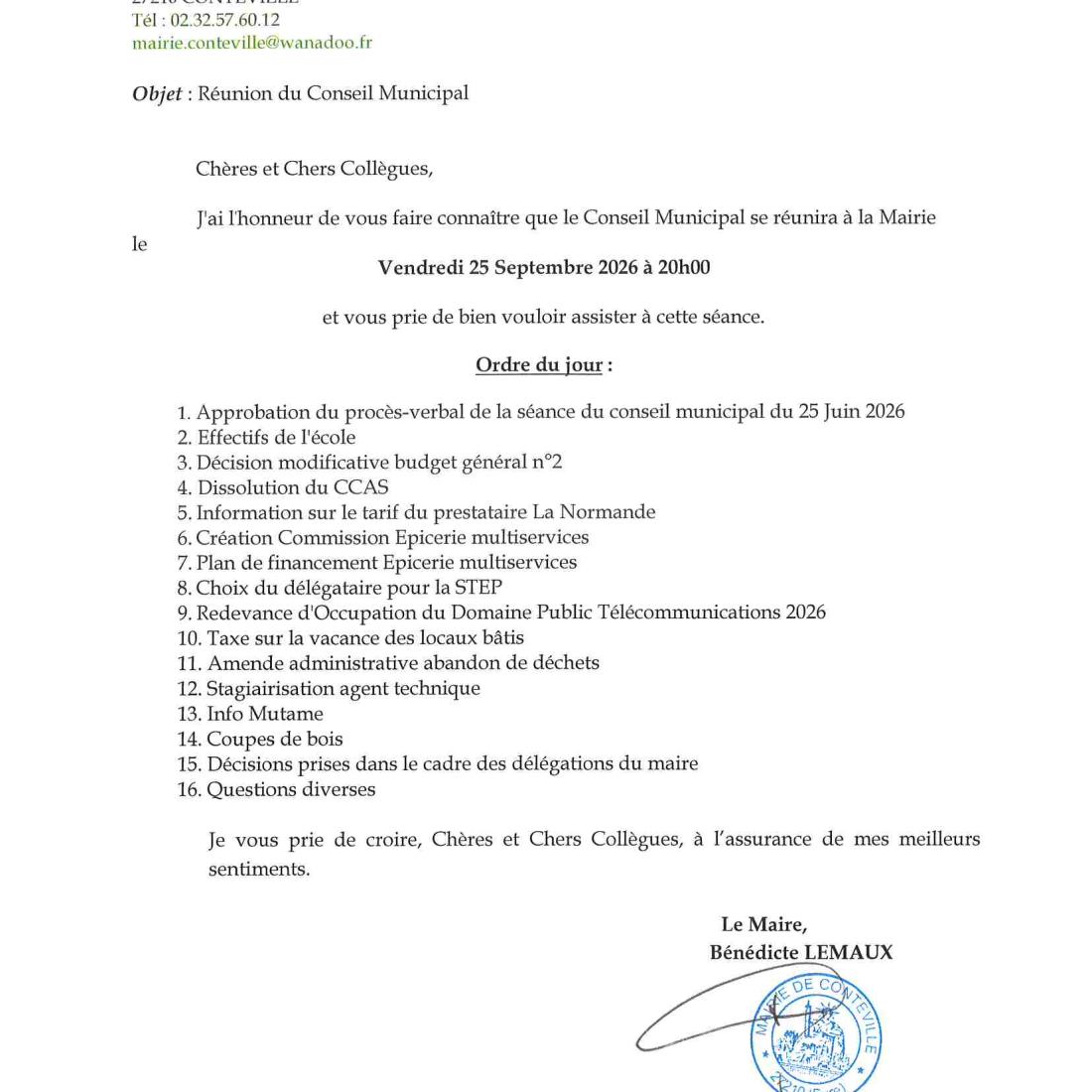 Ordre du jour du prochain conseil municipal