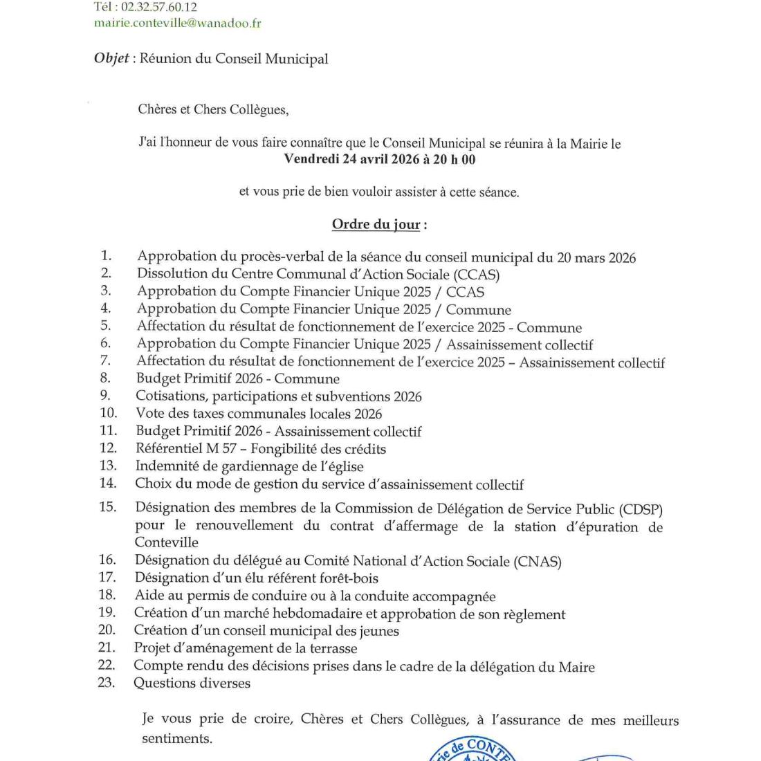 Ordre du jour du prochain conseil municipal